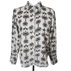 Nicole Miller 100% Linen Black and White Print Long Sleeve Button Down Small